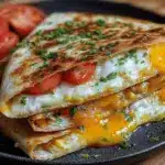 Irresistible fried egg quesadilla with melted cheese and guacamole, perfect for a quick breakfast.