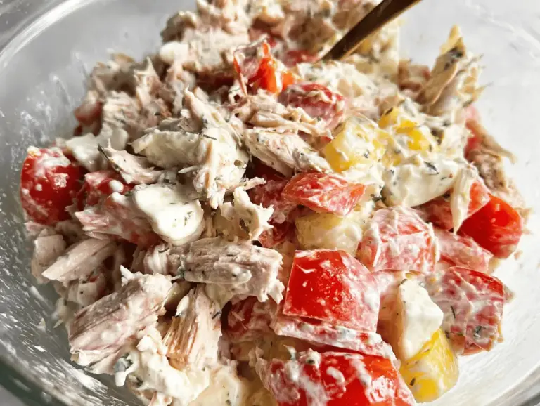 Colorful Italian Grinder Chicken Salad with grilled chicken, fresh vegetables, and herbs in a bowl.