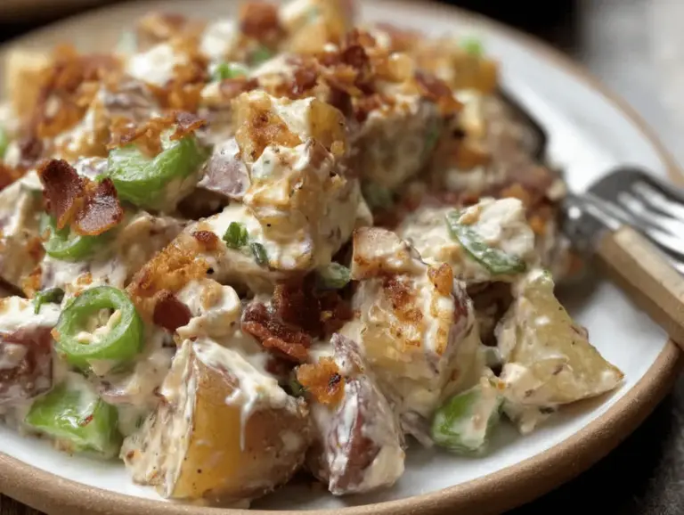 Zesty jalapeño popper roasted potato salad in a bowl, topped with cilantro and lime slices, perfect for summer BBQs and picnics.