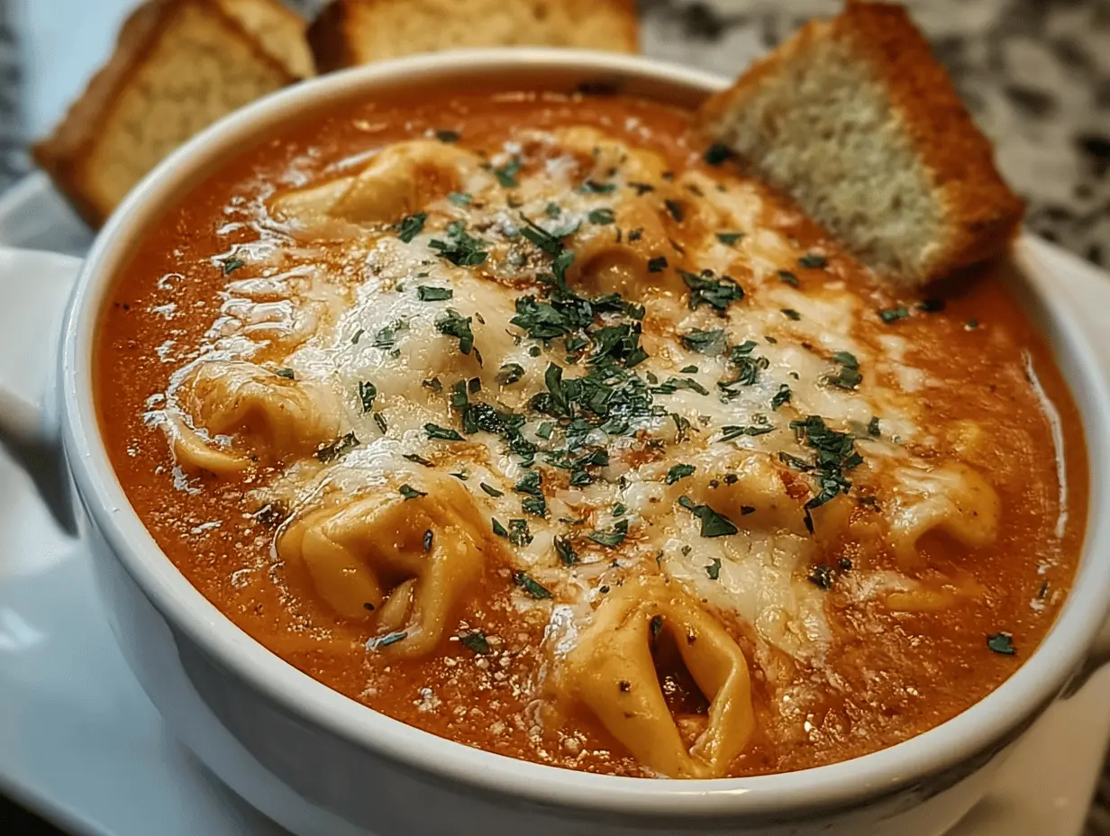 Delicious slow cooker tomato tortellini soup with cheddar toast bites, perfect for family dinners.