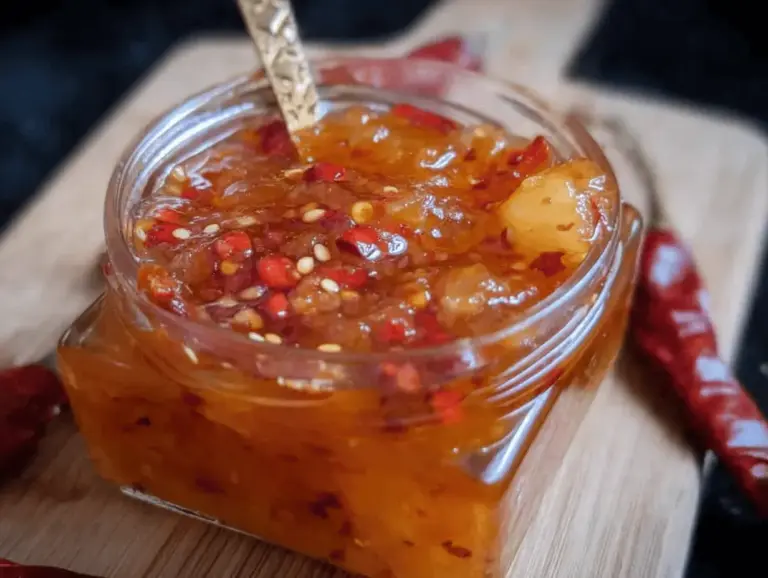 Homemade sweet chili pineapple sauce in a bowl with fresh pineapple and chili peppers, perfect tropical dipping sauce.