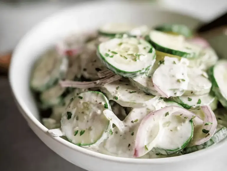 Delicious creamy cucumber salad with yogurt and herbs perfect for summer picnics.
