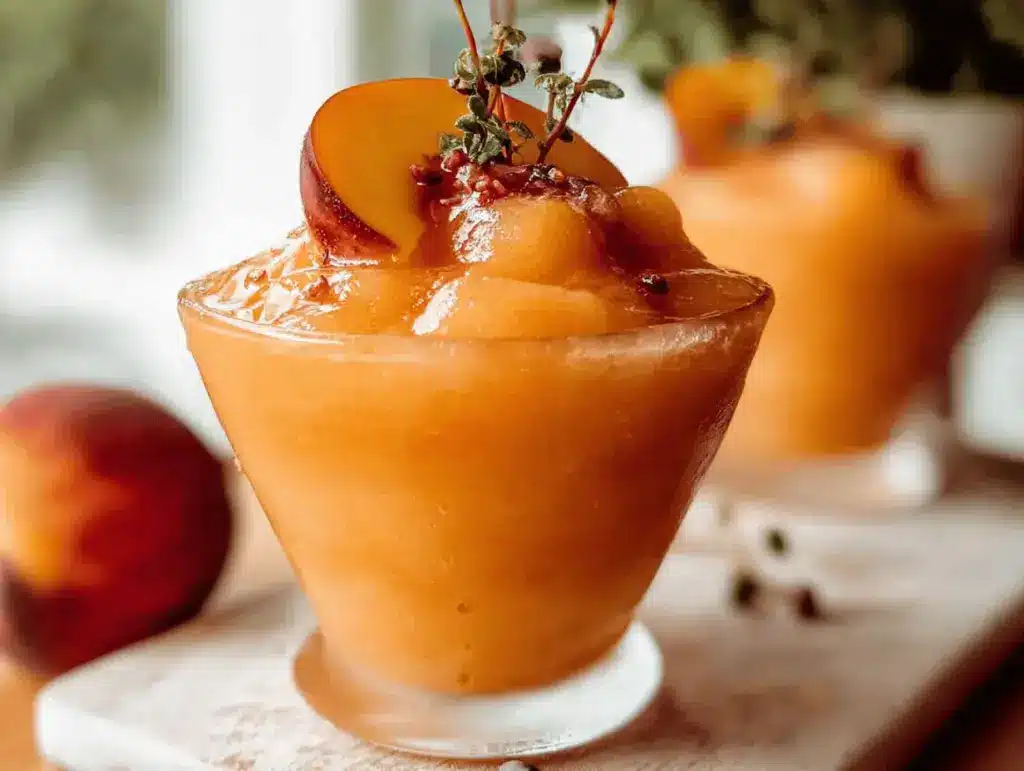 Refreshing Frozen Peach Rosé Slushy in a clear glass with peach slices and mint, perfect for summer parties.
