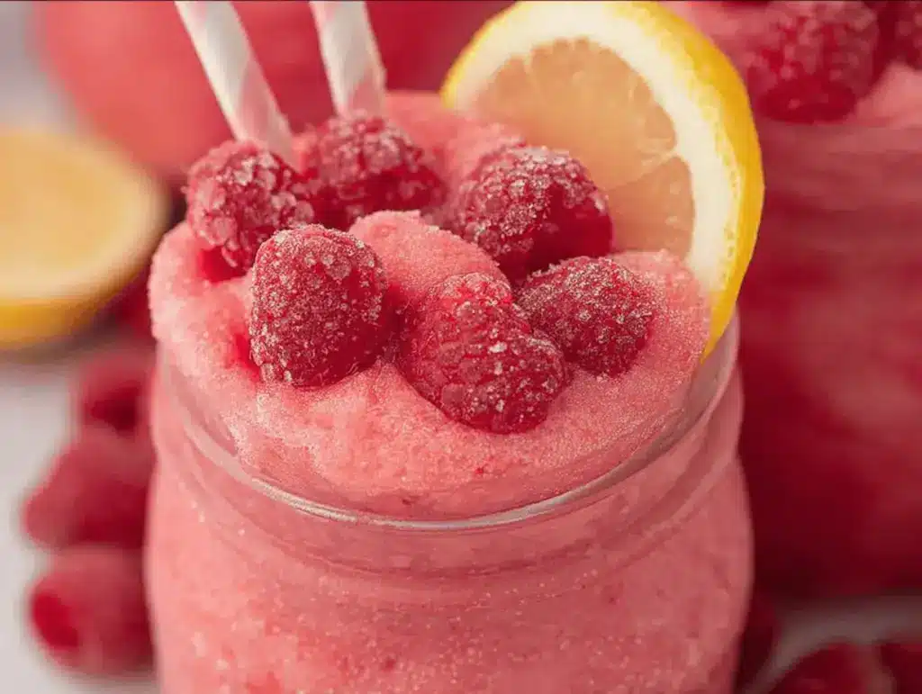 Refreshing frozen raspberry lemonade in a glass, garnished with raspberries and mint on a sunny patio.