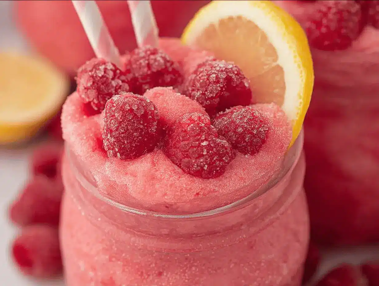 Refreshing frozen raspberry lemonade in a glass, garnished with raspberries and mint on a sunny patio.