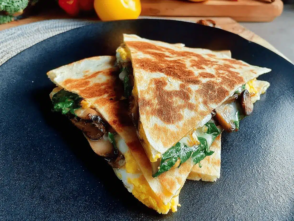 Healthy onion and egg mushroom wrap on a wooden board, perfect for a quick breakfast.