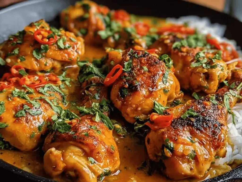 Spicy Brazilian coconut chicken served with rice and grilled vegetables, garnished with cilantro