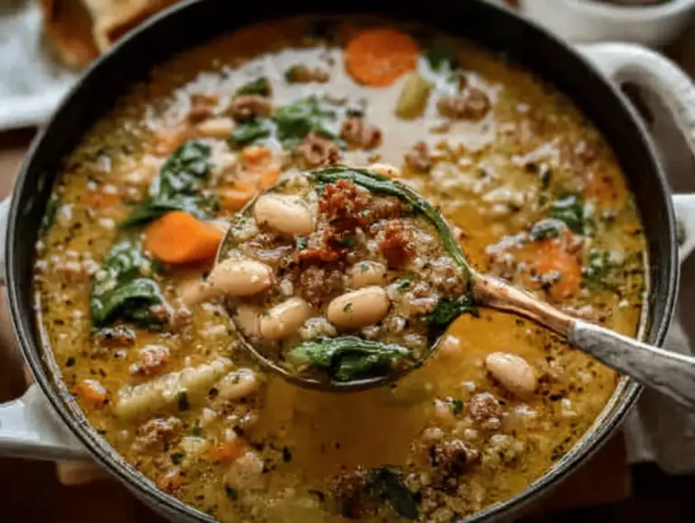 Delicious vegan Tuscan white bean soup in a bowl, garnished with herbs and olive oil, served with bread.