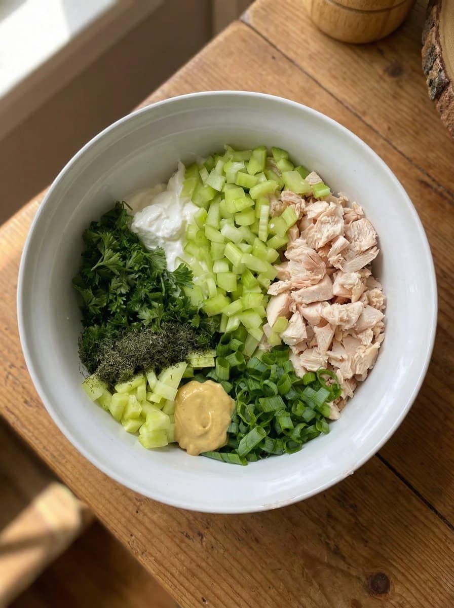 Bowl of fresh chicken salad ingredients