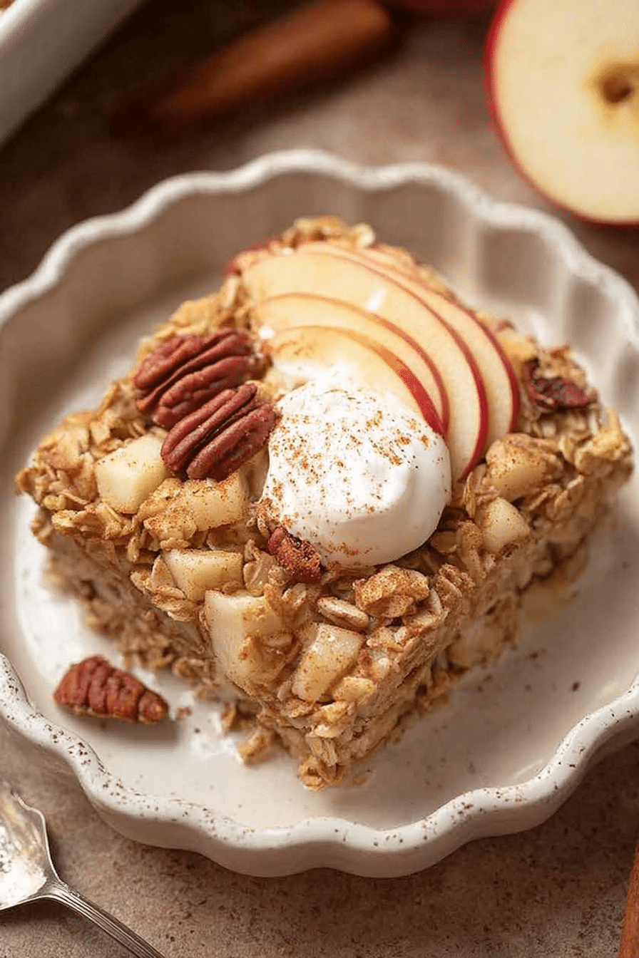 A cozy bowl of apple pie baked oatmeal with apples and pecans, perfect for fall breakfast.