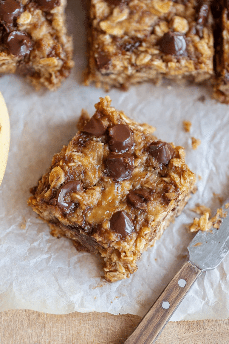 Delicious banana oatmeal bars cut into squares, topped with chocolate chips, with fresh bananas beside them.