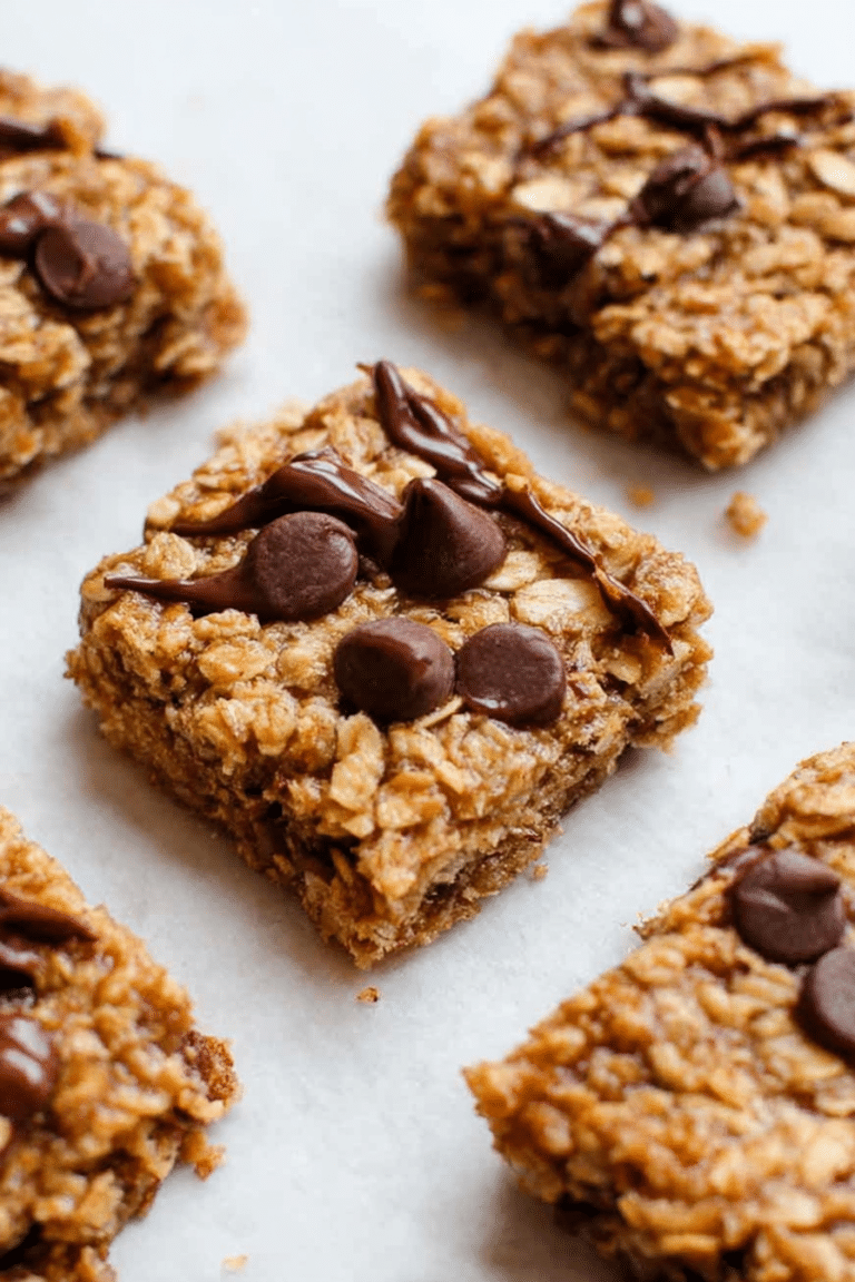 Freshly baked banana peanut butter oatmeal bars on a cutting board, garnished with banana slices and chocolate chips.