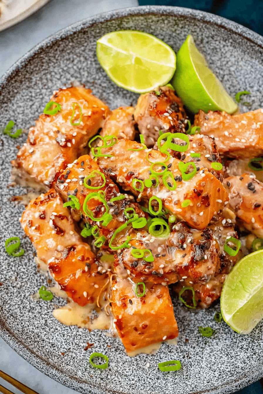 Close-up of crispy Bang Bang Salmon pieces topped with tangy sauce and lime, garnished with fresh herbs.