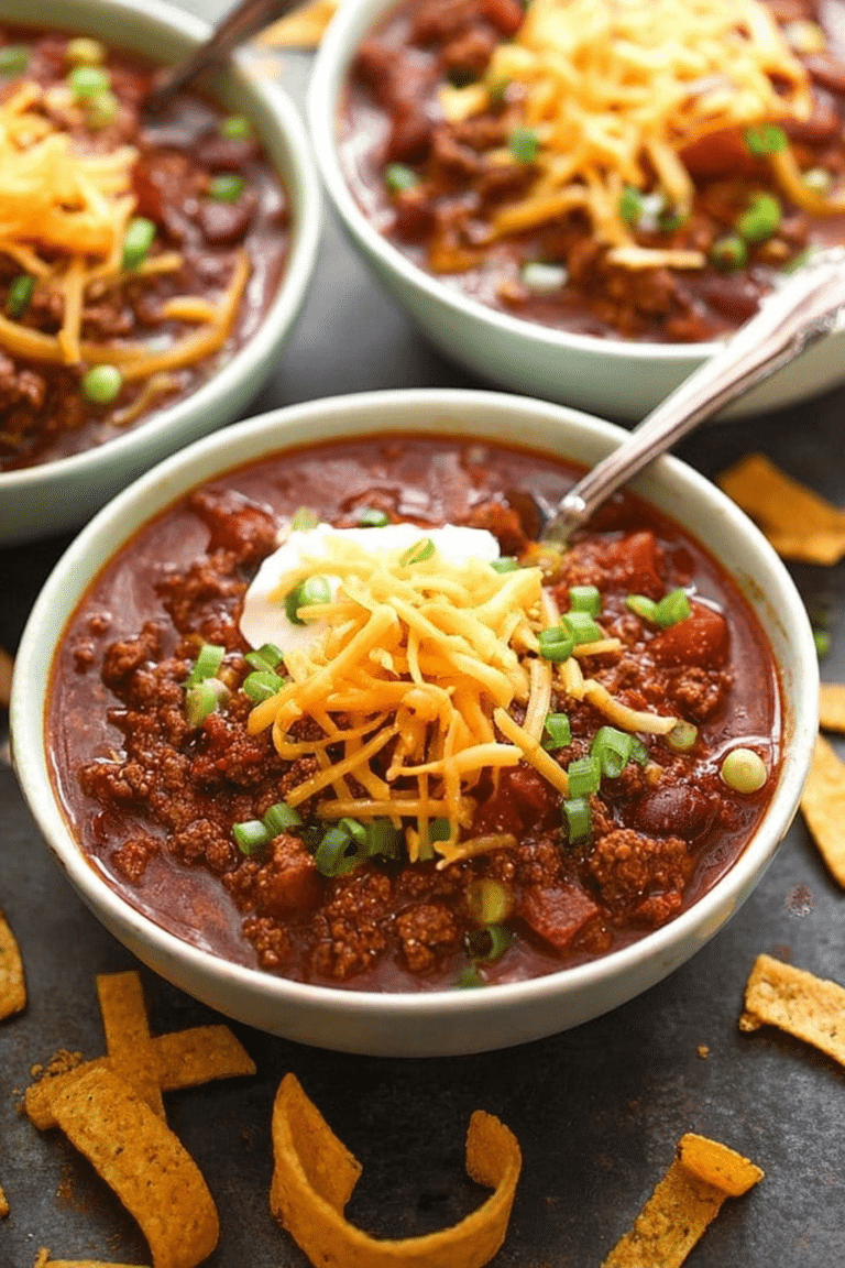 Delicious bowl of beef chili topped with cheddar cheese and green onions, served with Fritos.