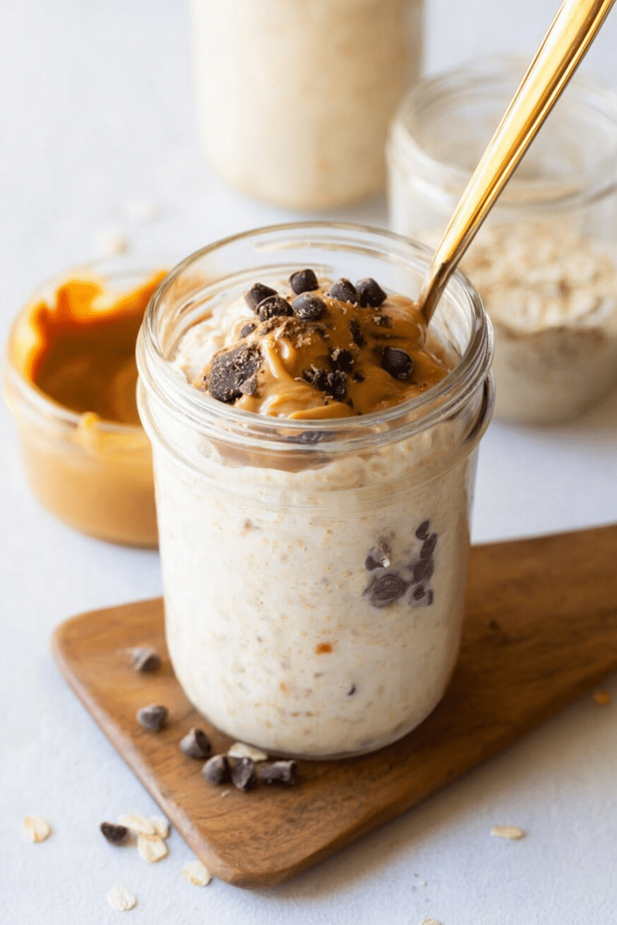 Delicious blended overnight oats topped with fruits and chocolate chips in a jar.