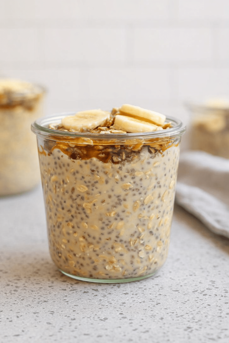 Close-up of brown sugar overnight oats with bananas and cinnamon in a rustic bowl.