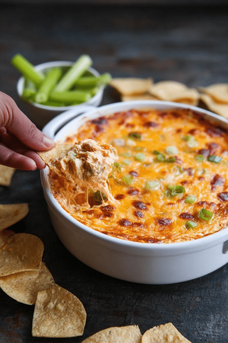 Bubbling Buffalo Chicken Dip in a baking dish with tortilla chips, garnished with green onions.