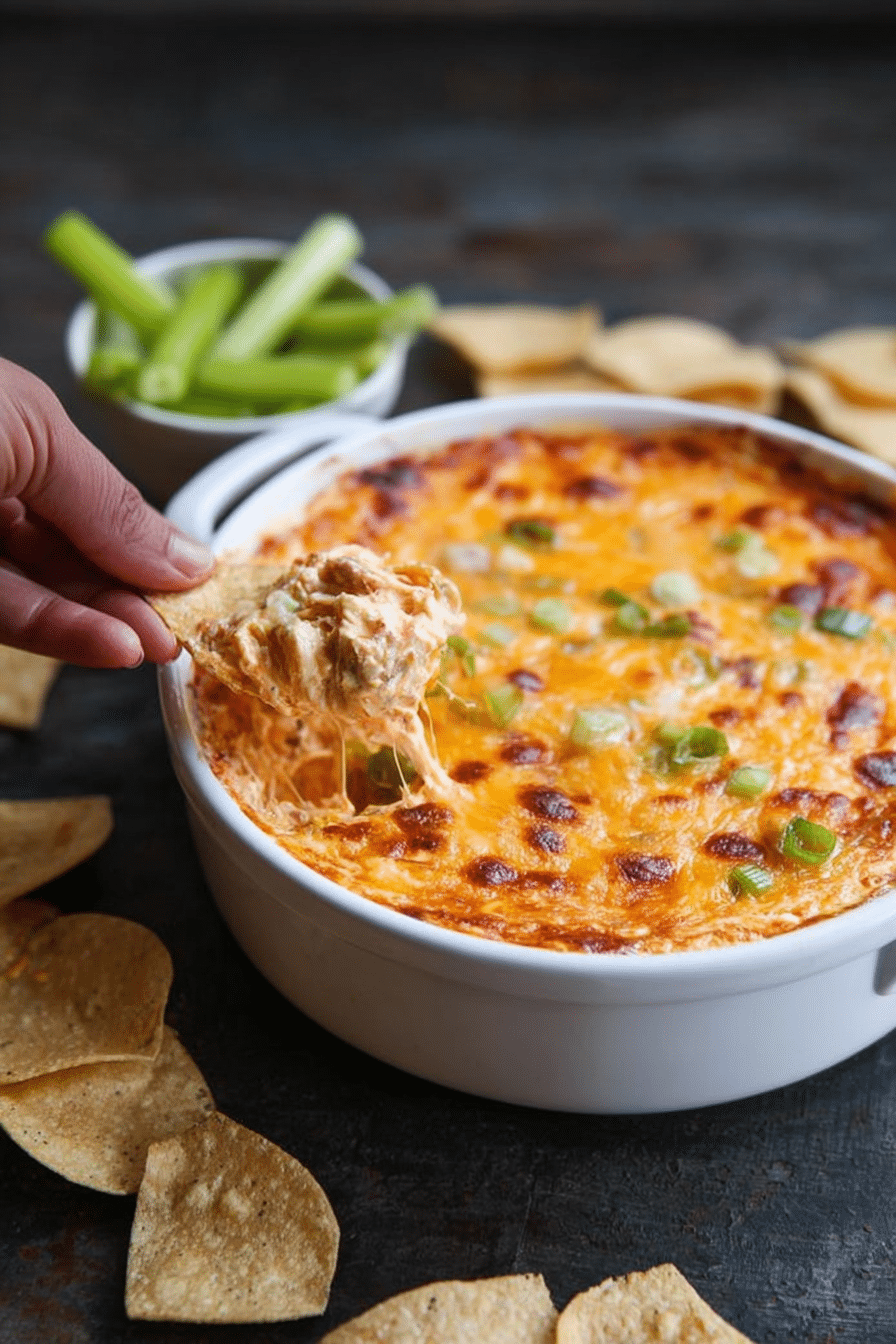 Bubbling Buffalo Chicken Dip in a baking dish with tortilla chips, garnished with green onions.