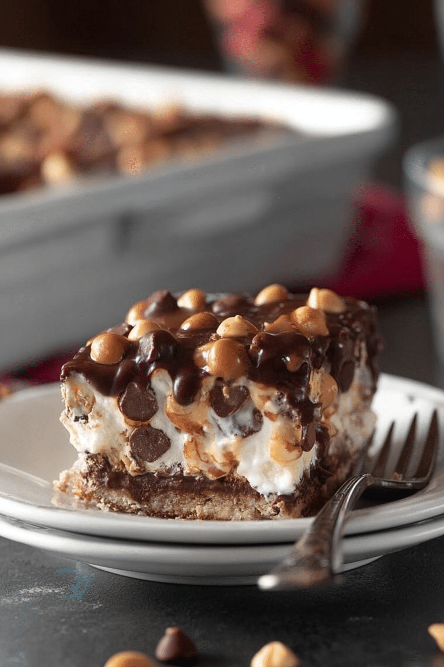 Slice of Buster Bar Ice Cream Cake revealing layers of chocolate graham cracker, vanilla ice cream, fudge sauce, and red skin peanuts
