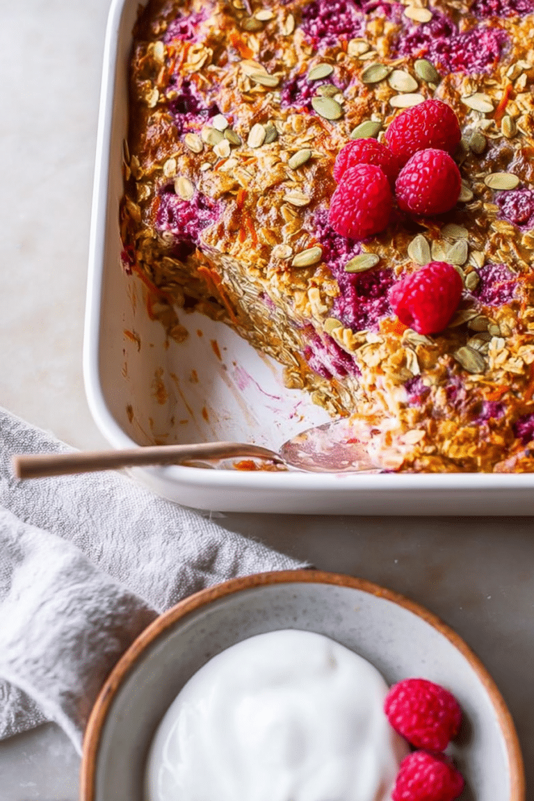 Delicious carrot and raspberry baked oats topped with fresh raspberries and coconut, ready to be served.