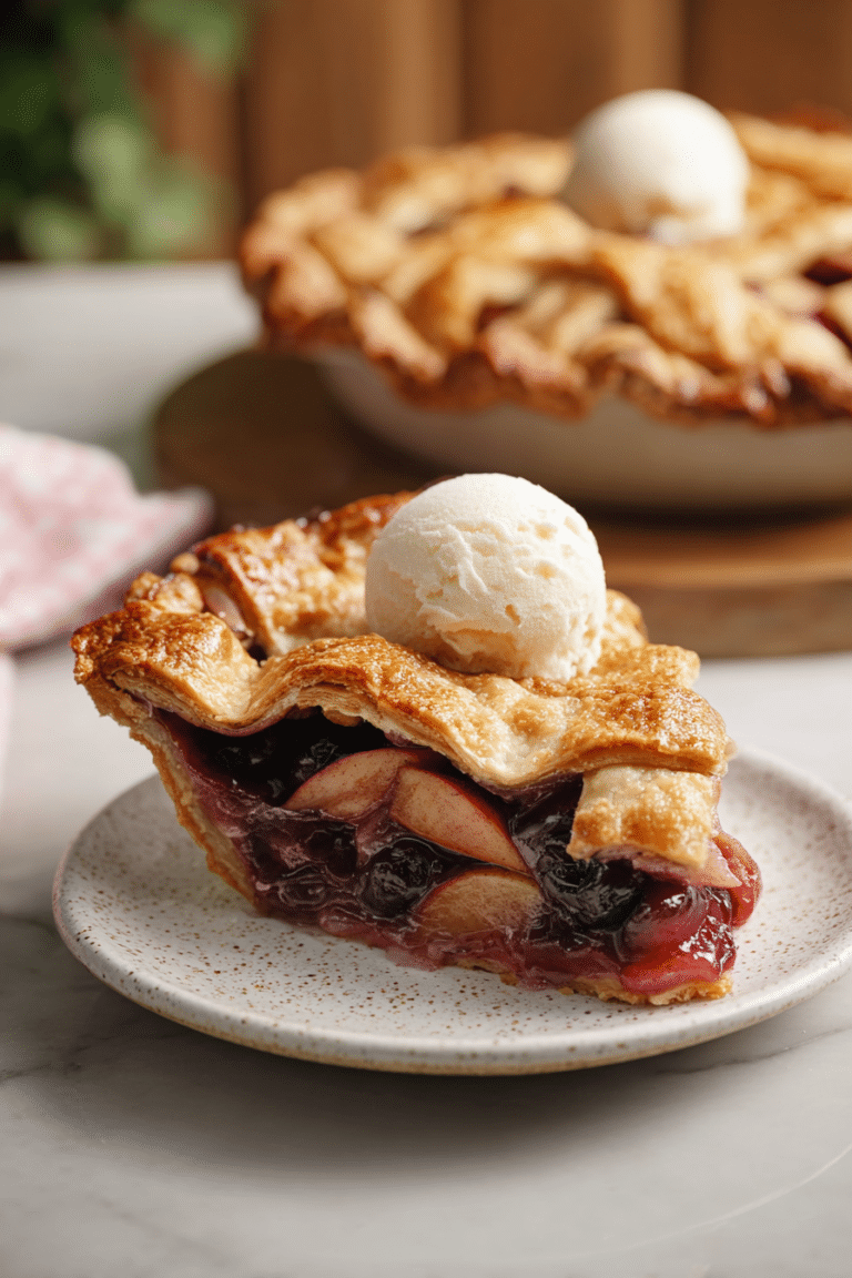 Cherry apple pie with flaky crust and juicy filling on rustic wooden table