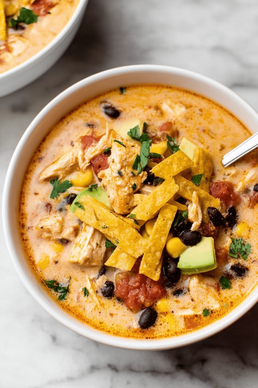 Delicious chicken taco soup served in a bowl with garnishes of avocado, cheese, and cilantro, with fresh vegetables around the bowl.