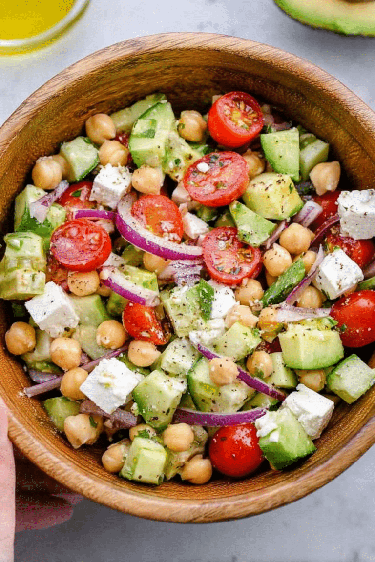 Chickpea feta and avocado salad with cherry tomatoes and cucumbers in a colorful bowl.