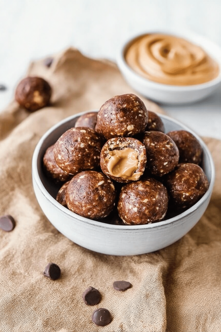 Delicious chocolate peanut butter protein balls on a white plate with a sprinkle of chocolate chips in the background.