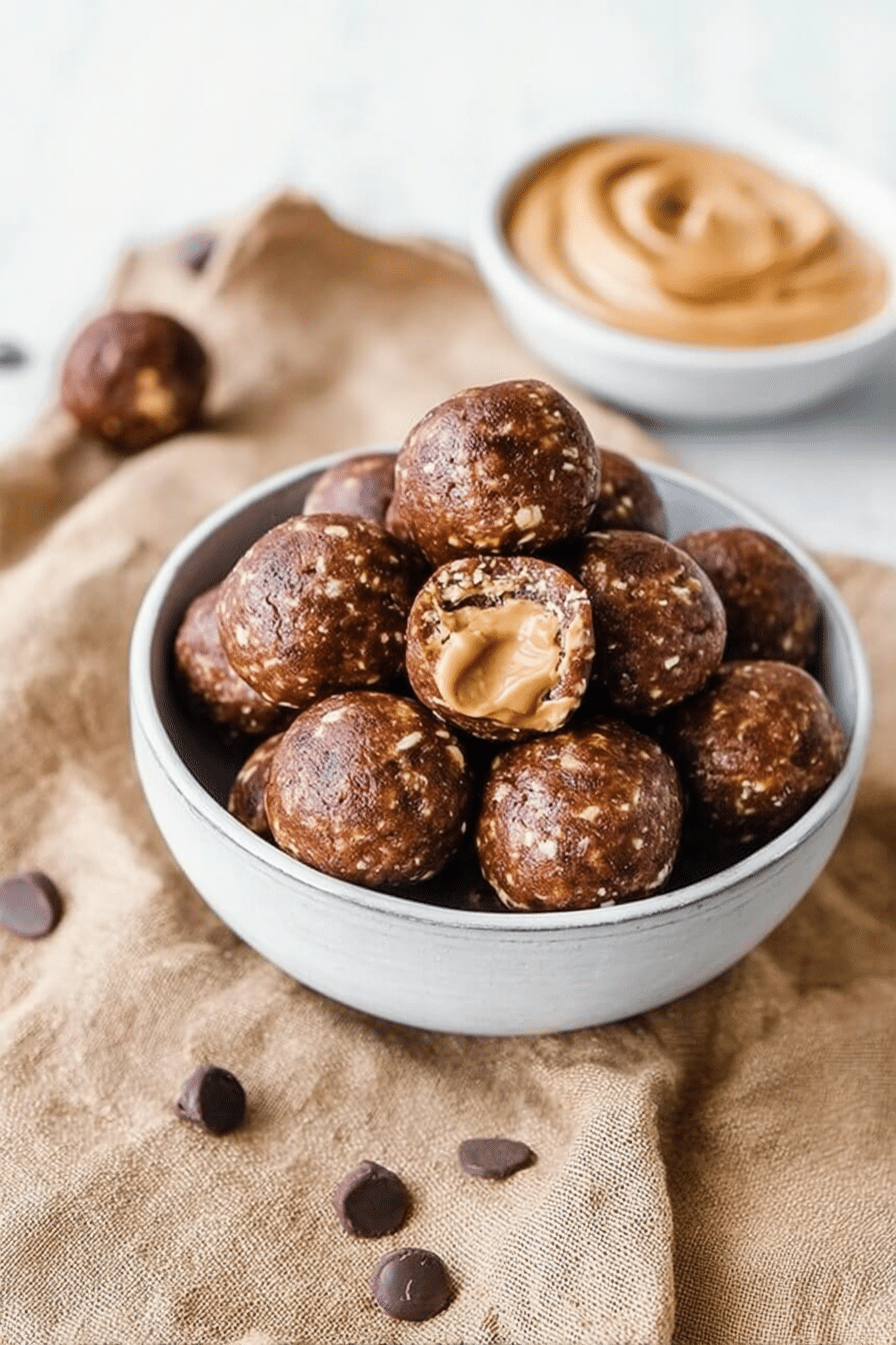 Delicious chocolate peanut butter protein balls on a white plate with a sprinkle of chocolate chips in the background.