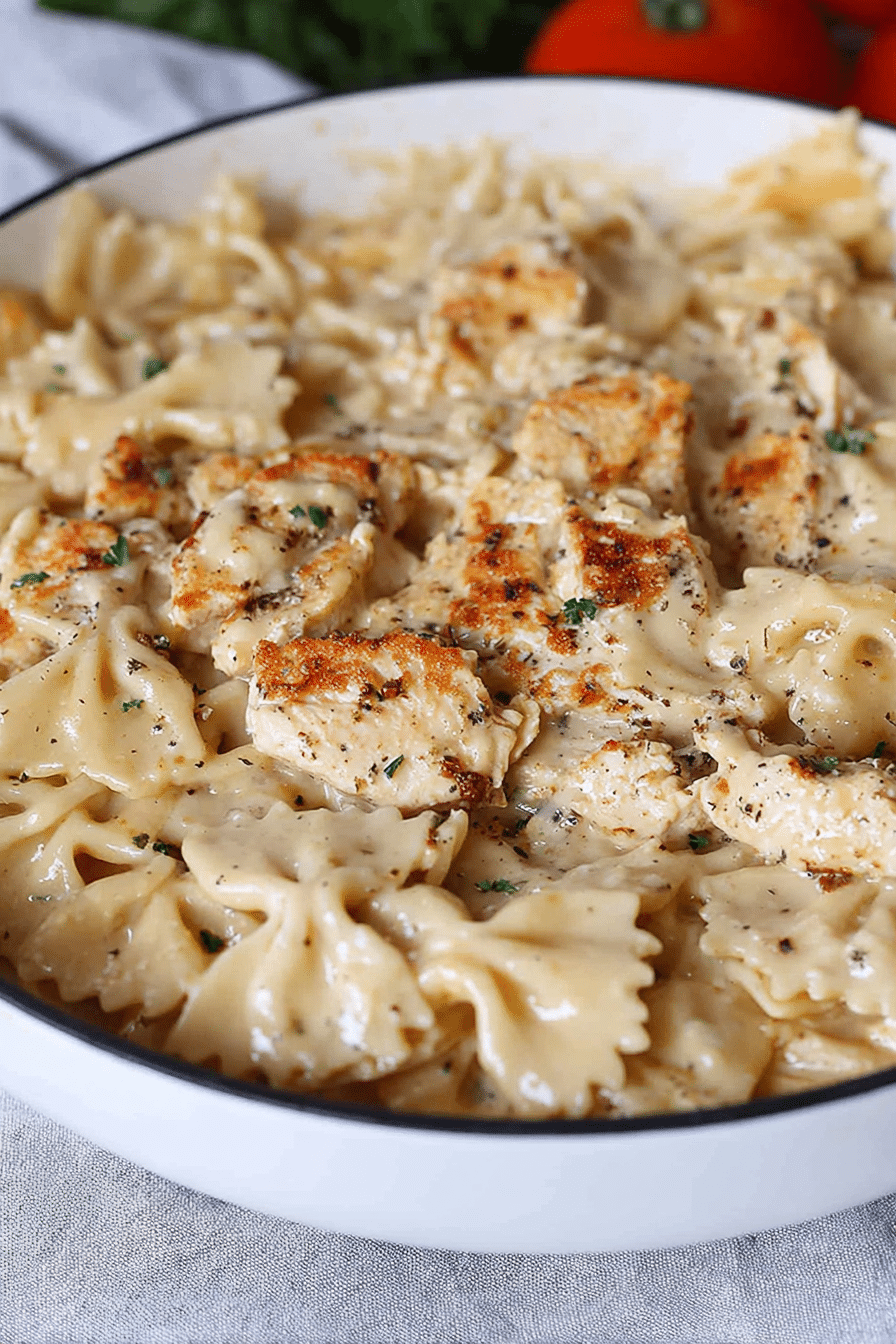 Close-up of creamy chicken garlic parmesan pasta with parsley on a wooden table