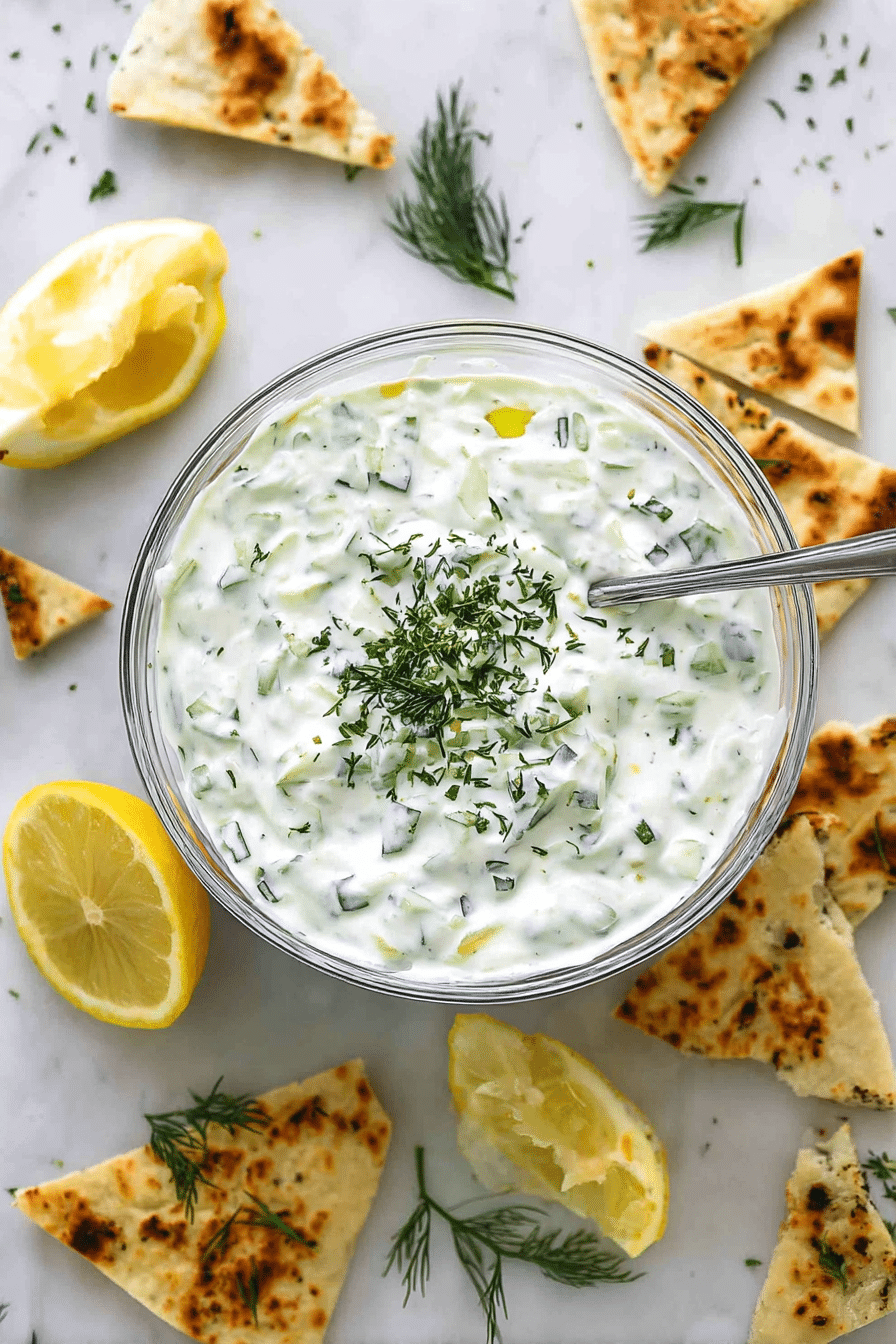 Creamy healthy tzatziki sauce with fresh dill, served with pita chips and vegetables.