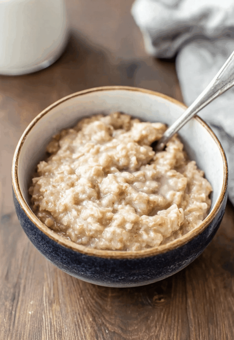 A bowl of creamy oatmeal topped with fresh berries and nuts, perfect for a comforting breakfast.