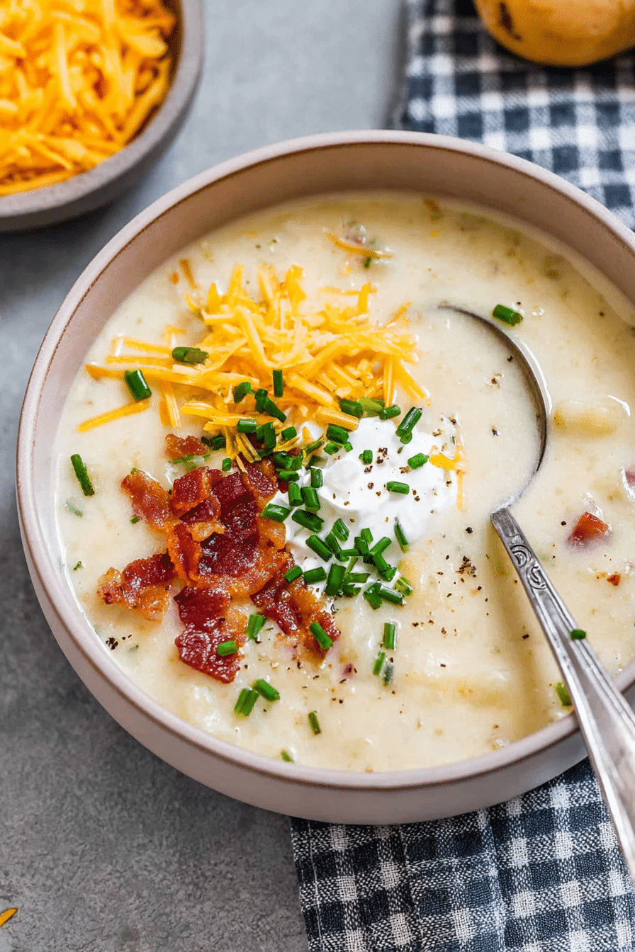 Creamy potato soup served with bacon bits and green onions in a rustic bowl