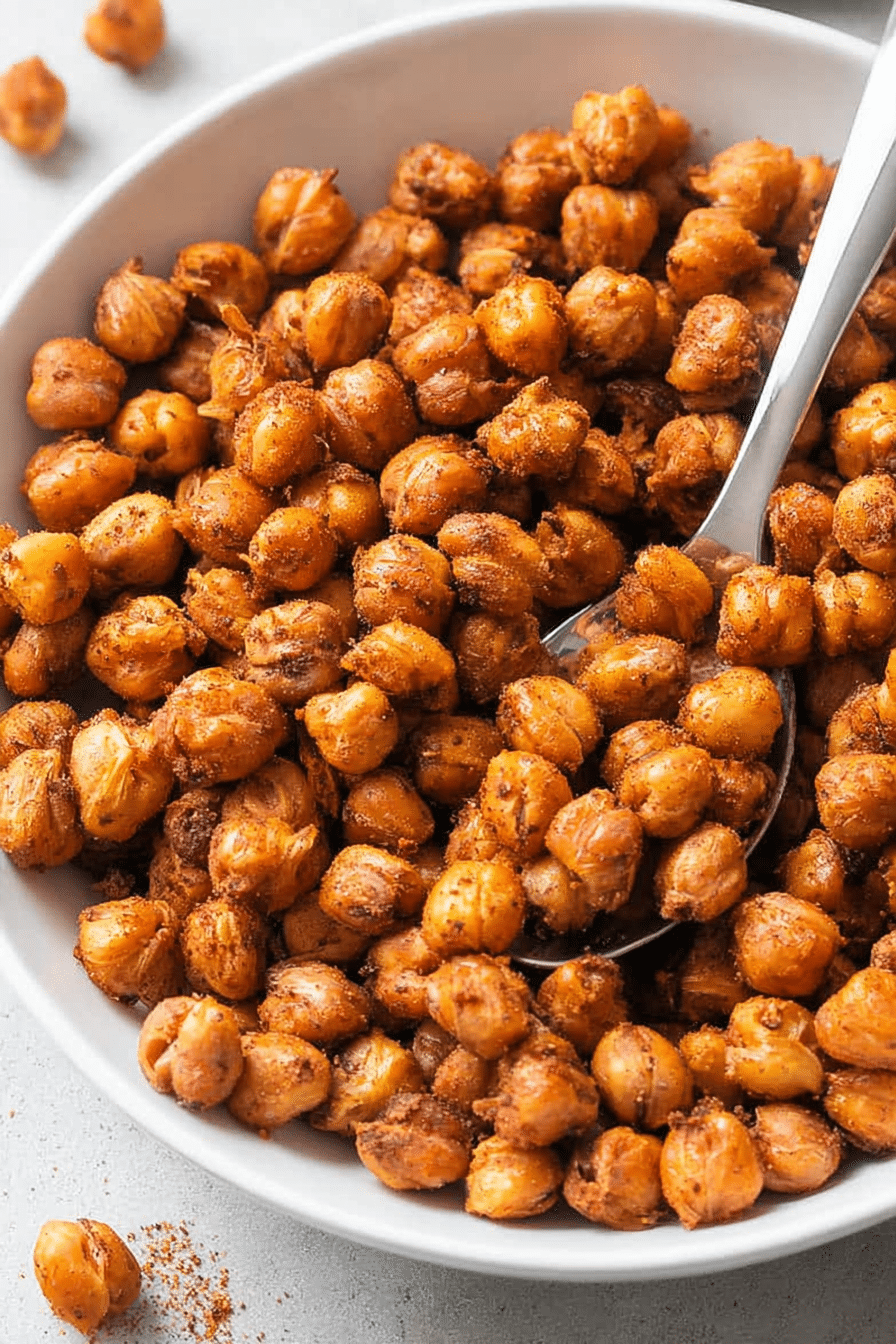 Bowl of crispy roasted chickpeas seasoned with spices, perfect as a healthy snack.