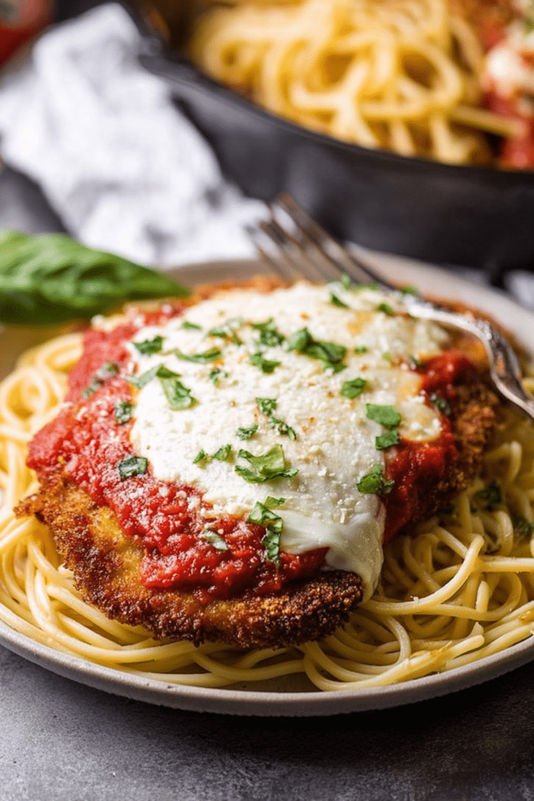 Delicious veal parmesan on a plate with spaghetti and fresh parsley garnish.