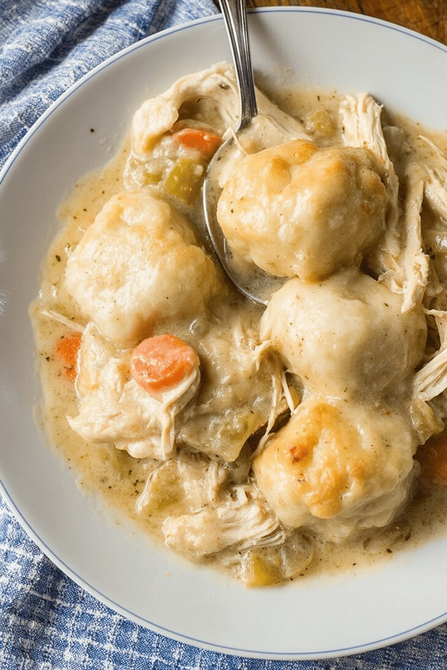 Delicious bowl of easy chicken and dumplings made with biscuits, garnished with herbs.
