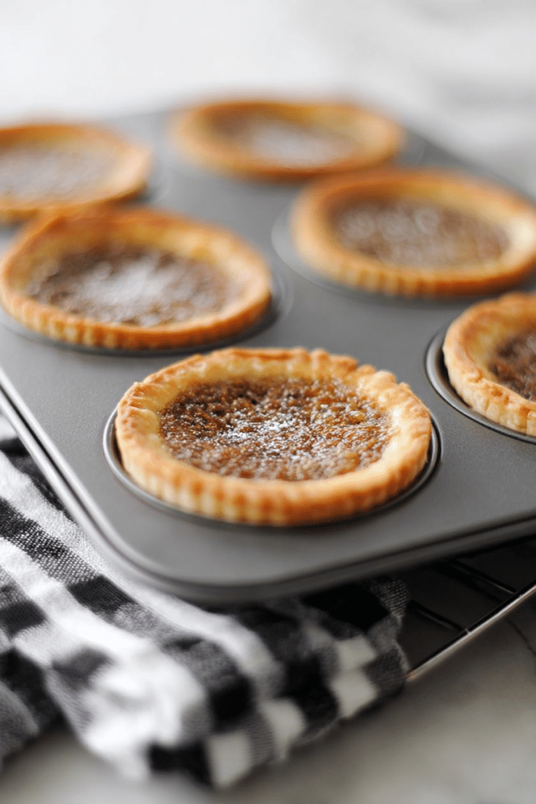 Close-up of easy classic butter tarts with caramel filling and pecans on a wooden surface.