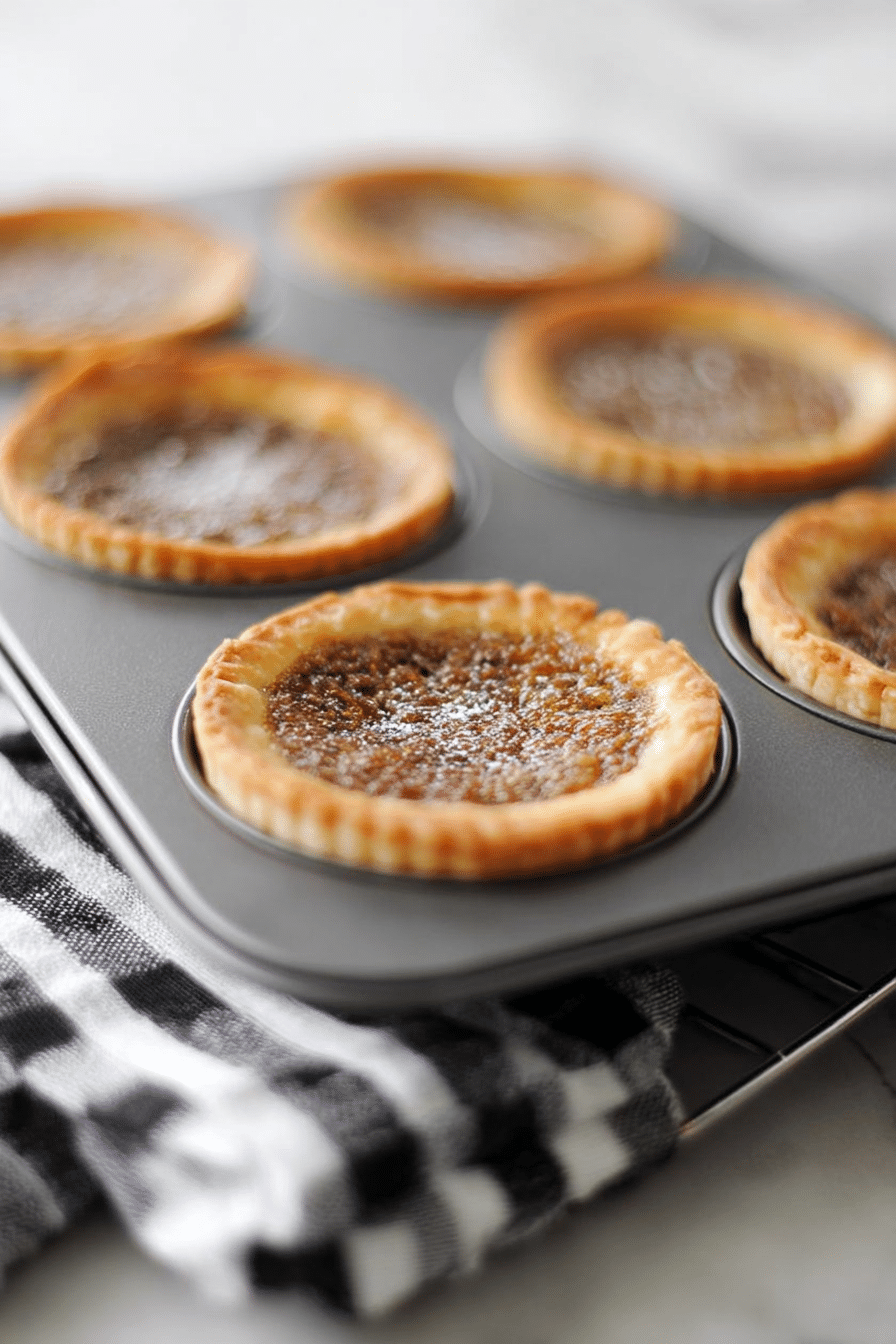 Close-up of easy classic butter tarts with caramel filling and pecans on a wooden surface.