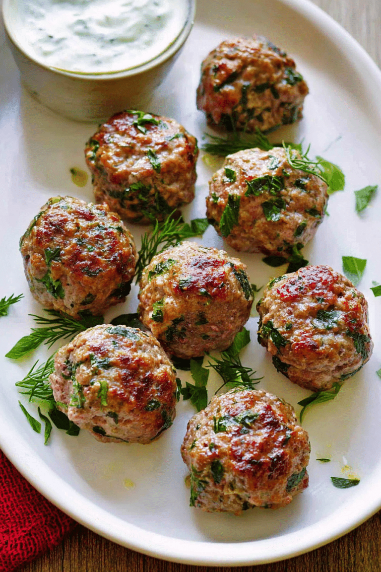 Plated easy Mediterranean lamb meatballs with fresh cilantro and yogurt sauce.