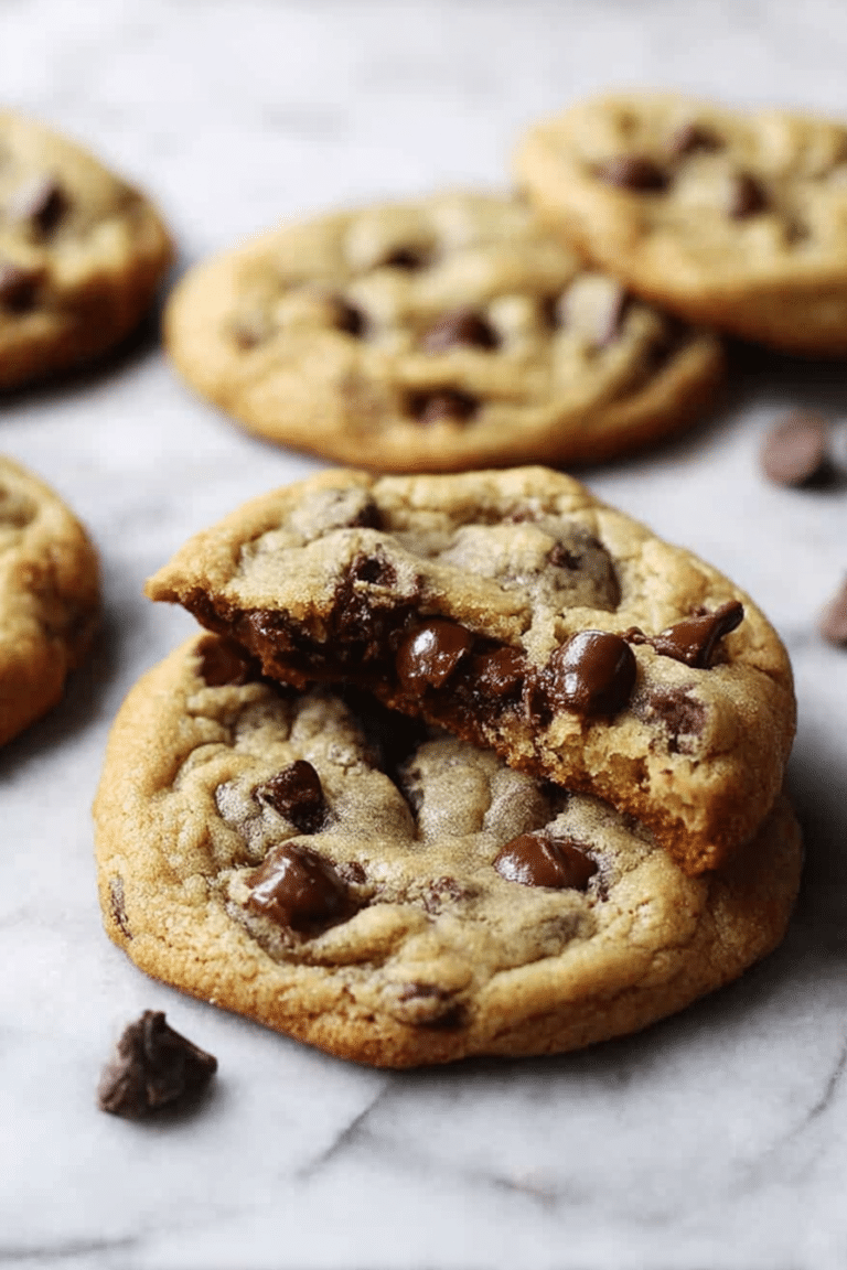 Freshly baked chocolate chip cookies with gooey chocolate chips on a wooden surface.