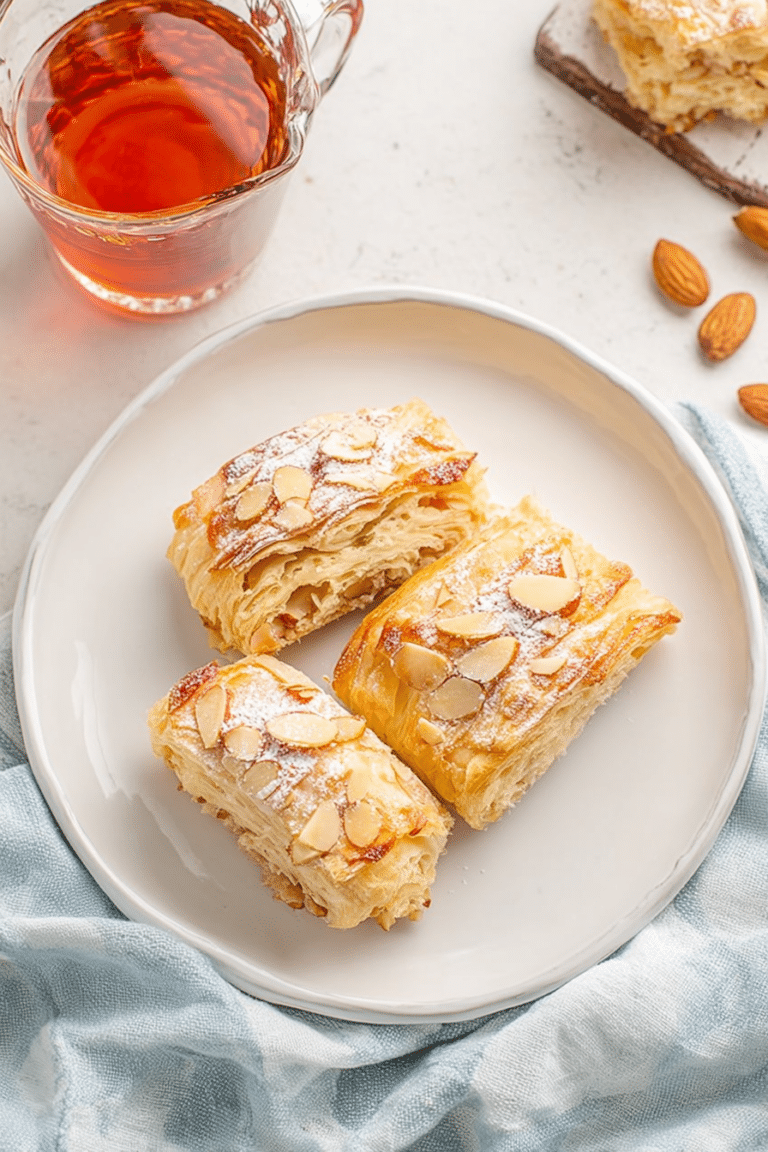 Freshly baked sweet almond pastry sprinkled with powdered sugar and topped with sliced almonds.
