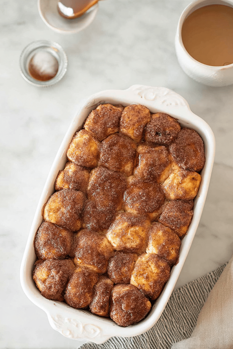 Delicious golden-brown monkey bread made with cinnamon and sugar on a rustic wooden table.