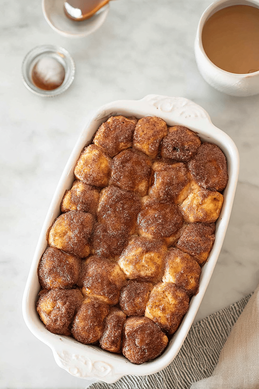 Delicious golden-brown monkey bread made with cinnamon and sugar on a rustic wooden table.