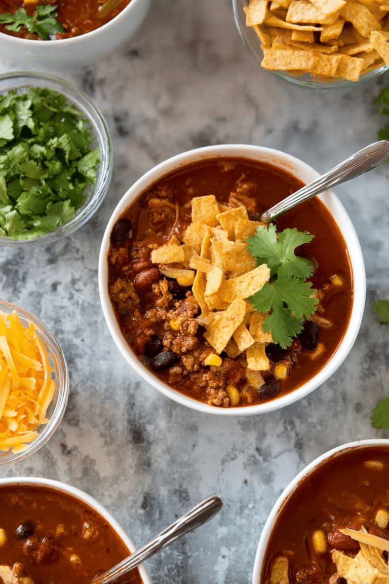 Bowl of ground turkey taco soup with cilantro, cheese, and tortilla chips on a wooden table.