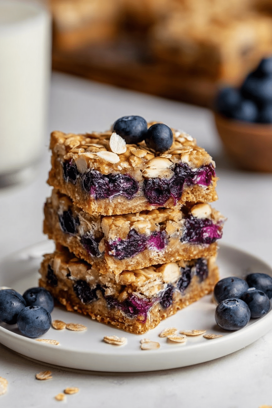 Freshly baked healthy blueberry oatmeal bars on a wooden cutting board with blueberries and mint garnish.