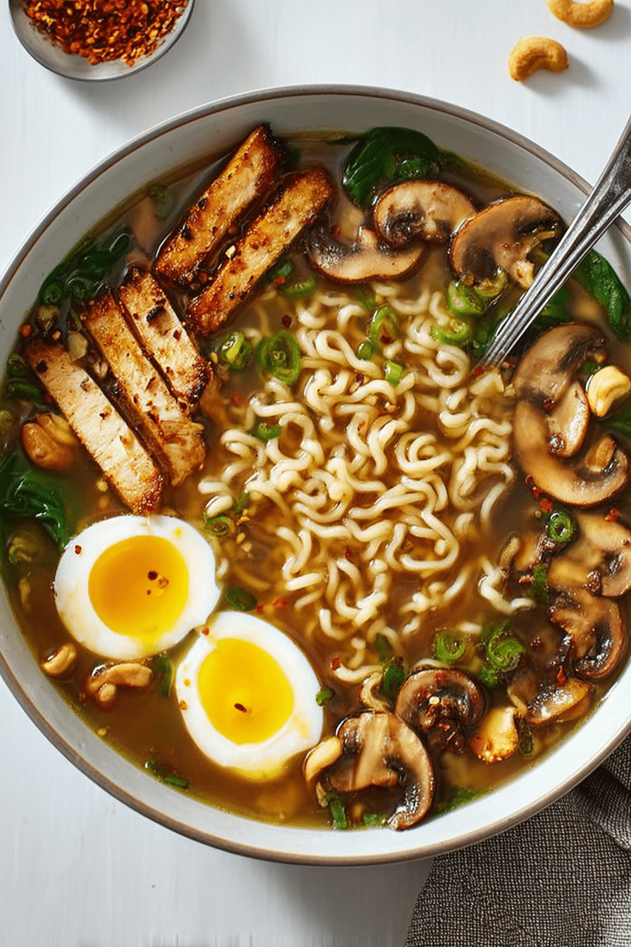 A bowl of homemade ramen with soft-boiled egg, green onions, and peanuts, showcasing fresh ingredients.