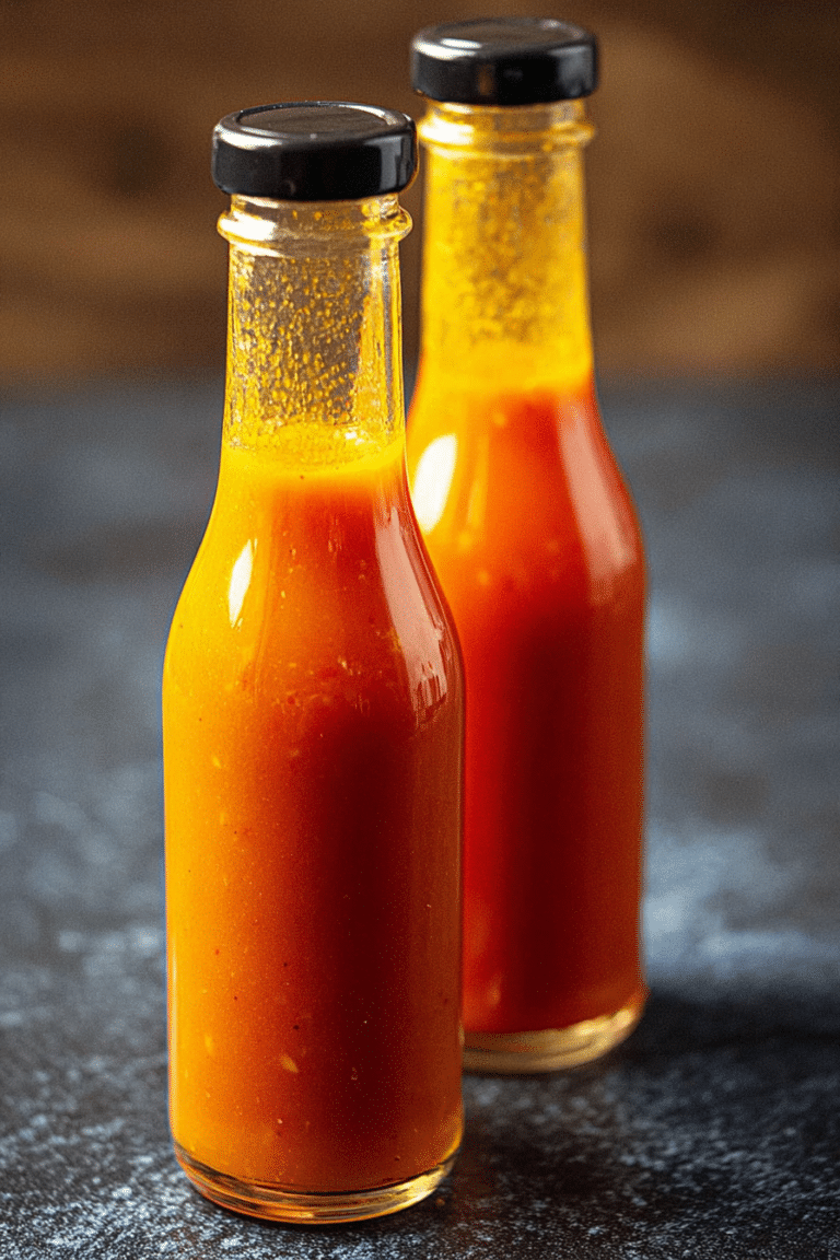 Homemade tabasco sauce in a bottle with fresh tabasco peppers and ingredients on a wooden table.