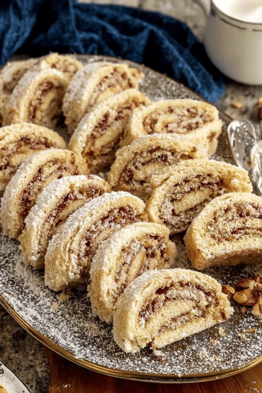 Plate of Italian Nut Roll Cookies dusted with powdered sugar on a festive table setting.