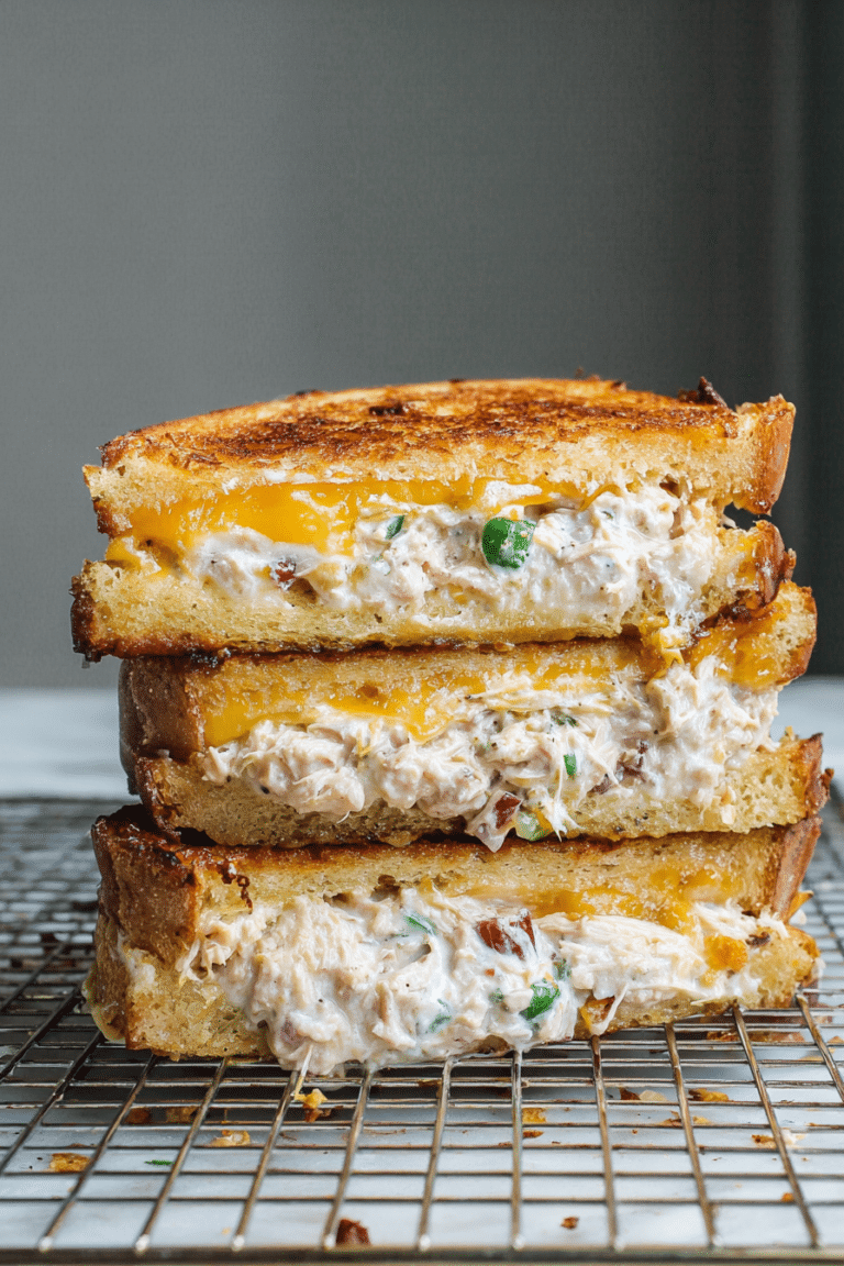 Delicious jalapeño tuna melt sandwich with melted cheddar cheese on a wooden table.