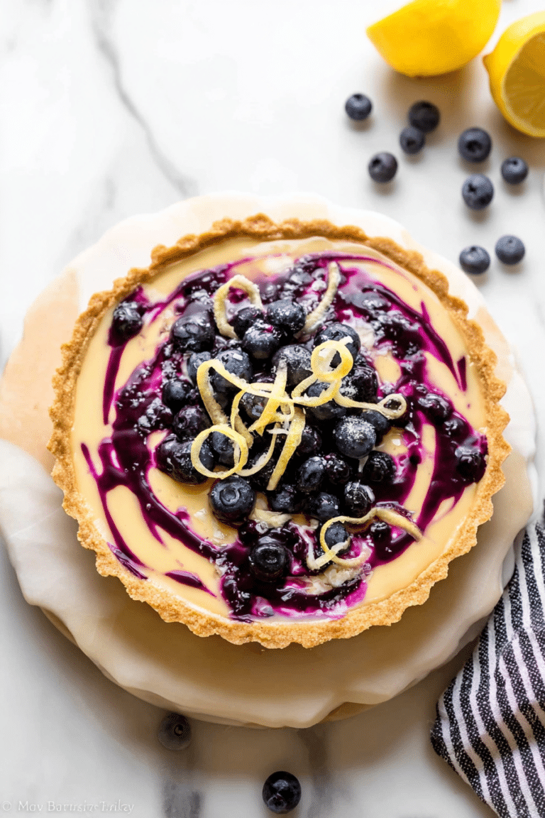 Lemon blueberry tart with a slice removed, showcasing the creamy filling and garnished with blueberries and lemon slices on a wooden surface.